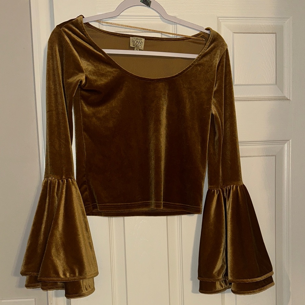 Torn by Ronny Kobo Velvet Bell Sleeve Top in Rich mustard yellow/